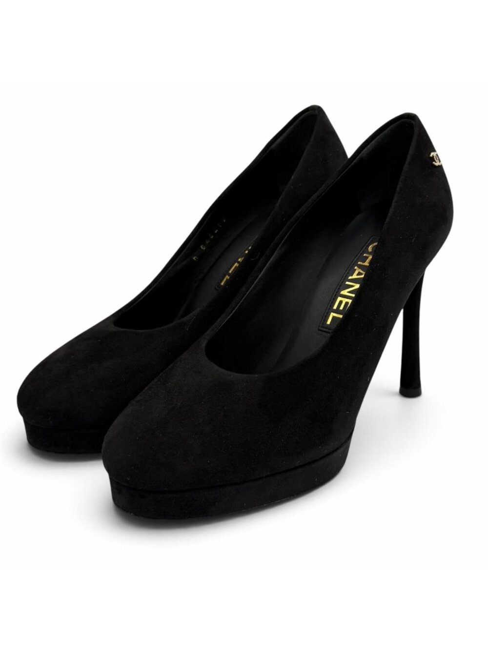 Chanel 23K CC Logo Suede Leather Pumps with Rhinestone Black Gold Heels